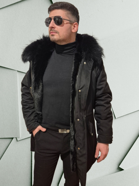 Parka męska czarna z prawdziwym futrem z jenota rozmiar L