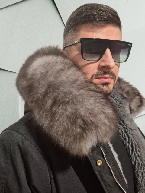 Parka męska czarna z prawdziwym szarym futrem z lisa rozmiar L