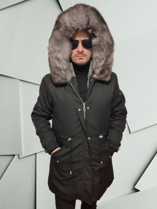 Parka męska czarna z prawdziwym szarym futrem z lisa rozmiar L