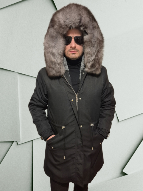 Parka męska czarna z prawdziwym szarym futrem z lisa rozmiar L Parka męska czarna z prawdziwym szarym futrem z lisa rozmiar L