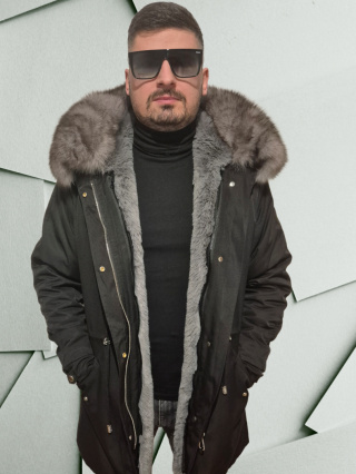 Parka męska czarna z szarym futrem lisa
