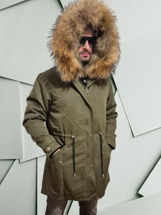 Parka męska w kolorze khaki z prawdziwym futrem z jenota rozmiar M